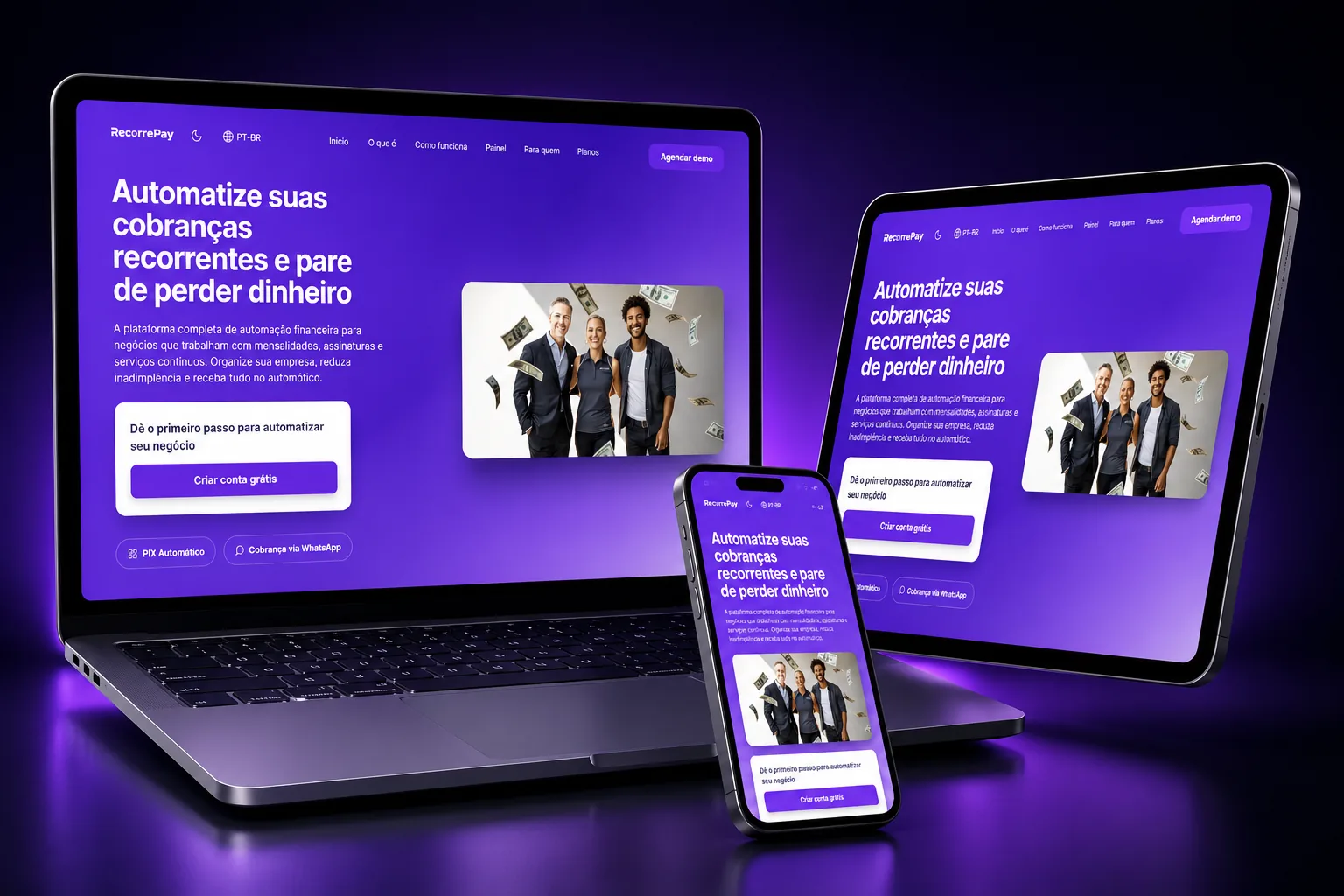 RecorrePay — Landing page exibida em notebook, tablet e smartphone